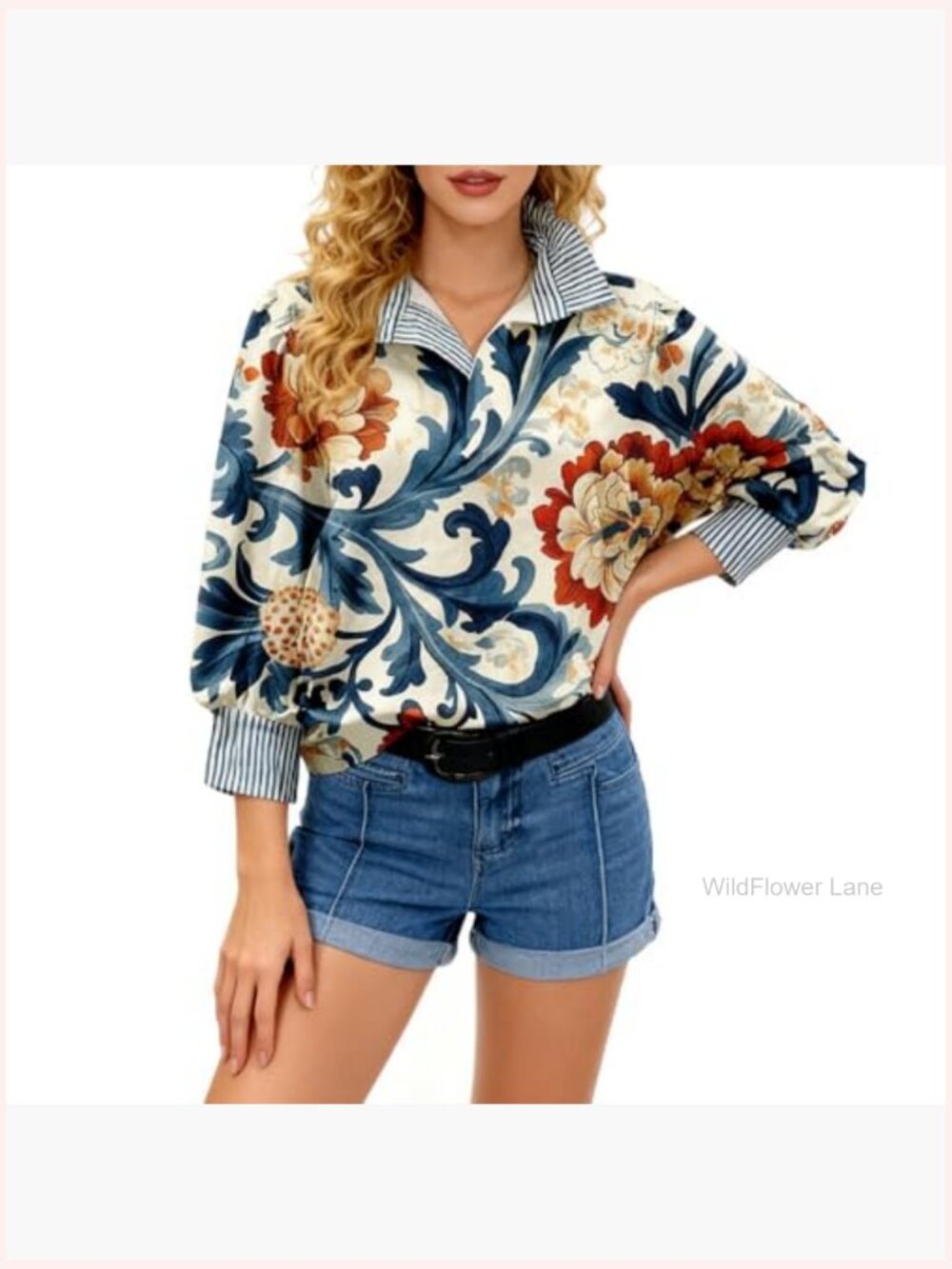 V Neck Button Down Blouse Long Sleeve Floral Top Boho Shirt - Picture 4 of 7